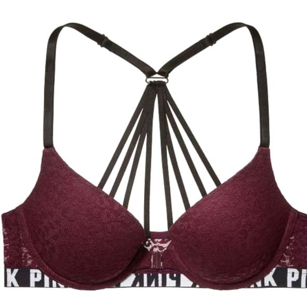 PINK Victoria's Secret Burgundy Lace Front-Close Underwire Push-Up Bra Size 36C